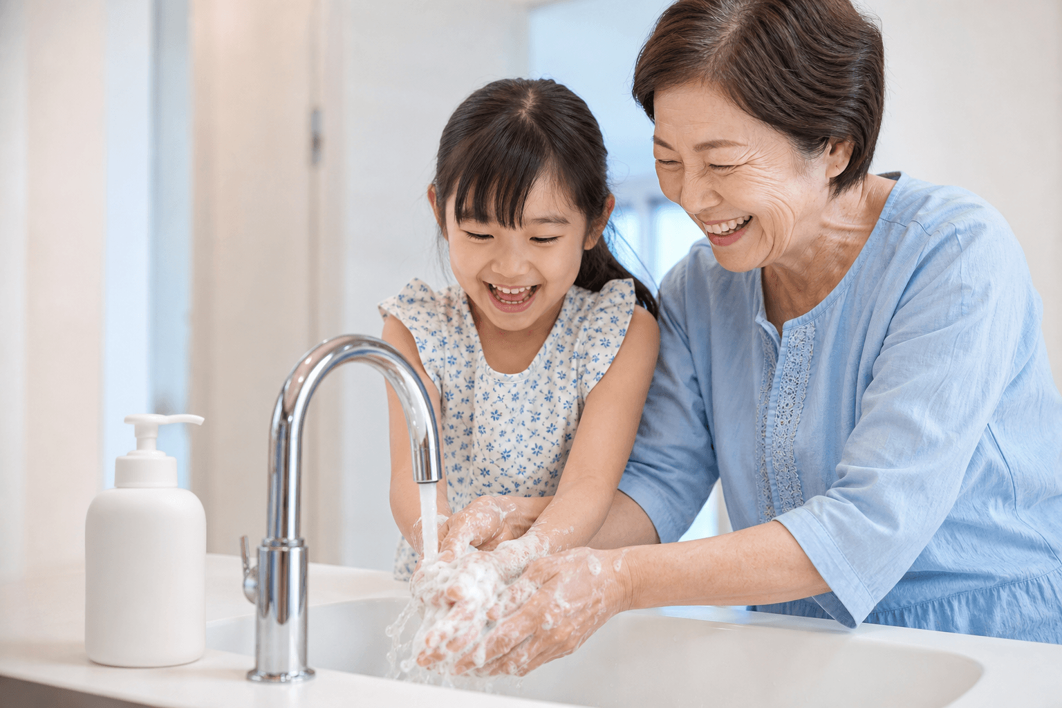 プラスチック日用品を使って笑顔で過ごす、お祖母さんと孫の温かなひととき（暮らしのイメージ）